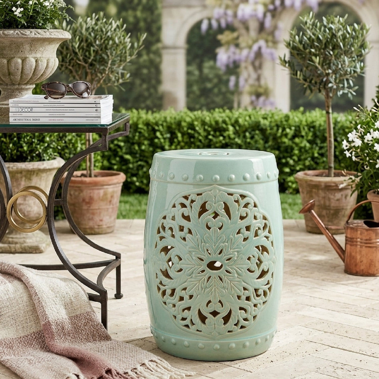 Modern European furniture - Ceramic Carved Outdoor Stool - www.oroa.com