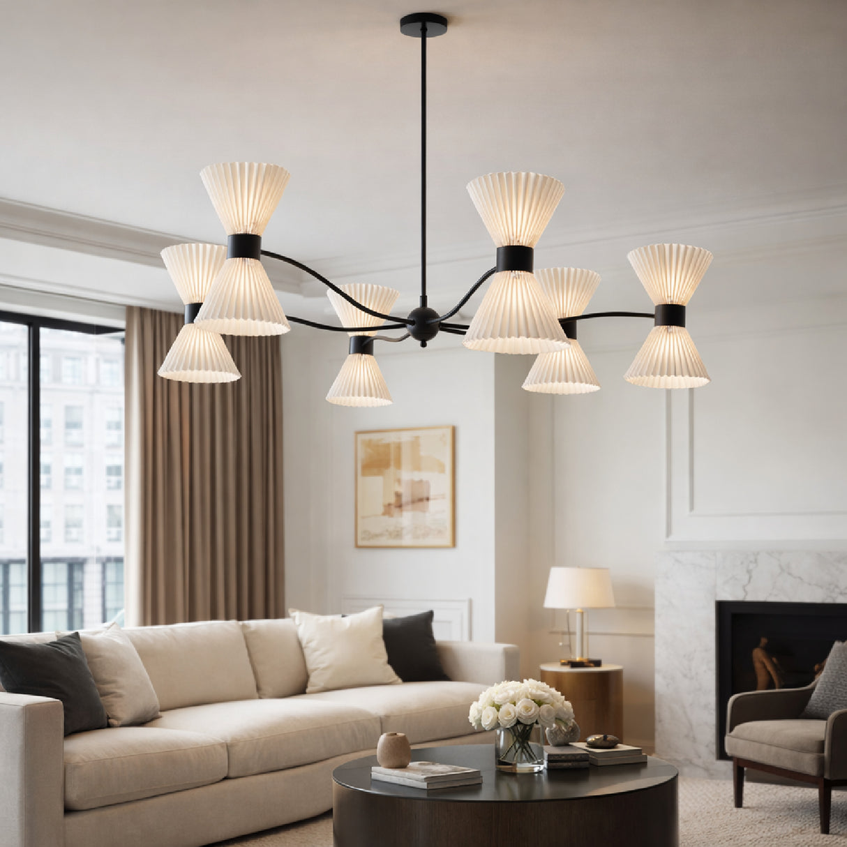 Pleated White Linen 10-Light Chandelier | Oroa.com