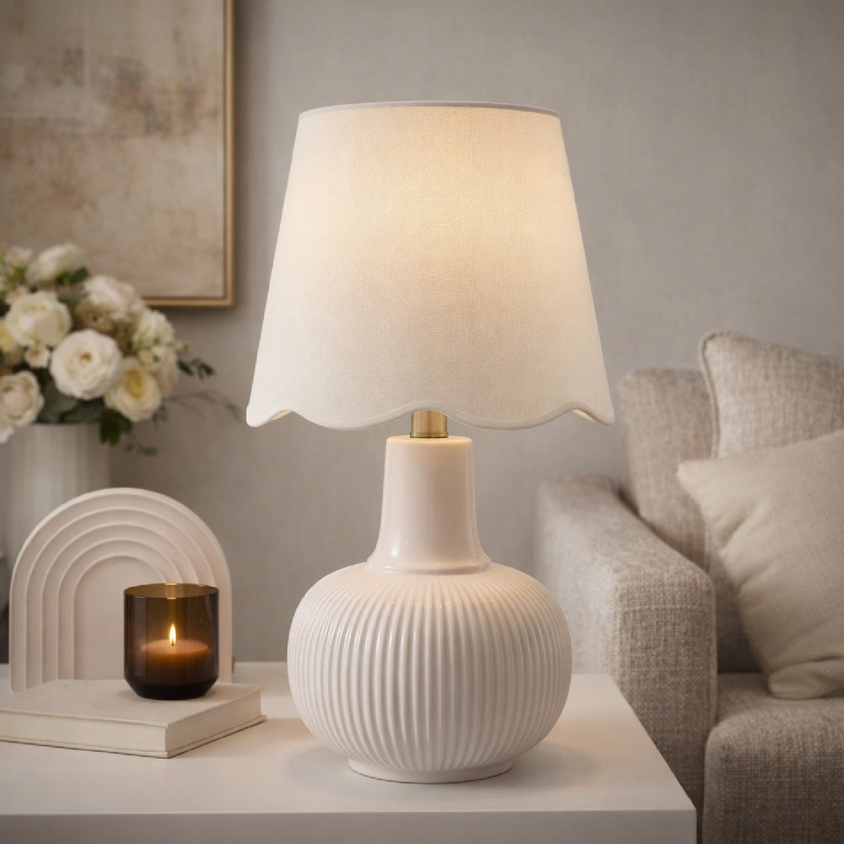 Modern European furniture - Scalloped White Linen Table Lamp - www.oroa.com
