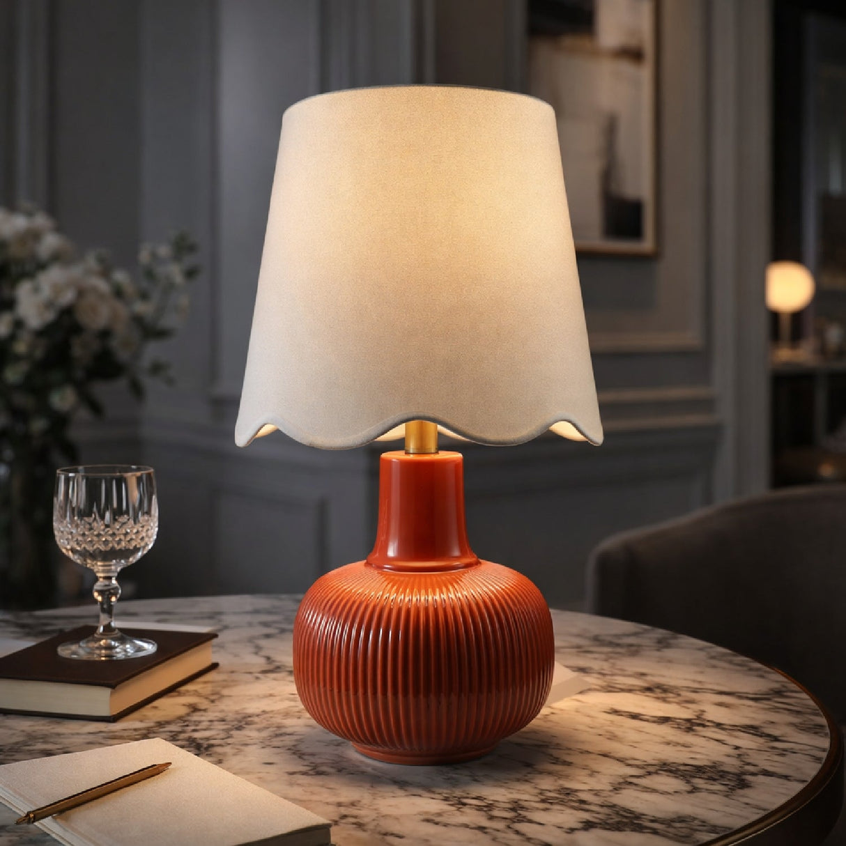 Modern European furniture - Scalloped White Linen Table Lamp - www.oroa.com