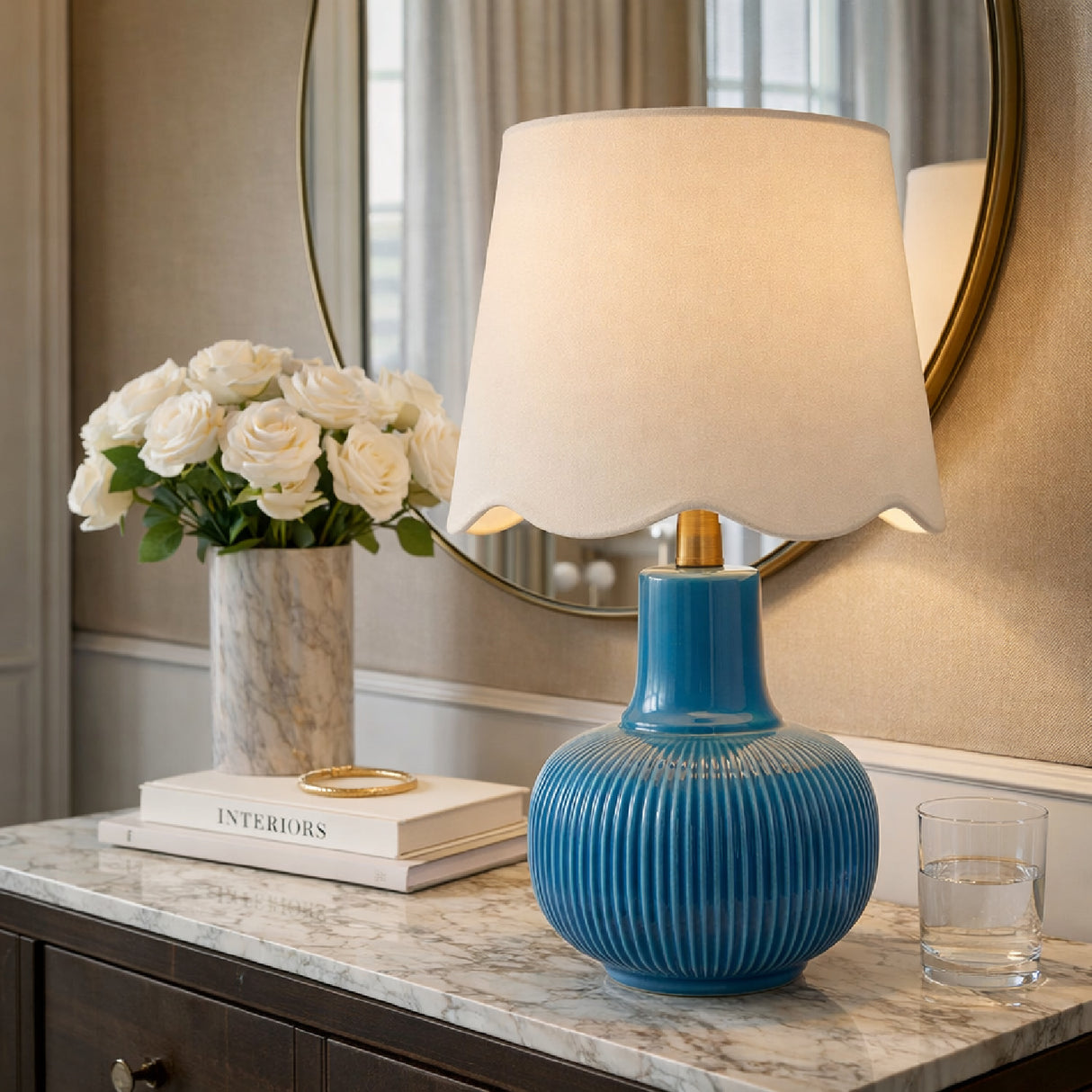 Modern European furniture - Scalloped White Linen Table Lamp - www.oroa.com
