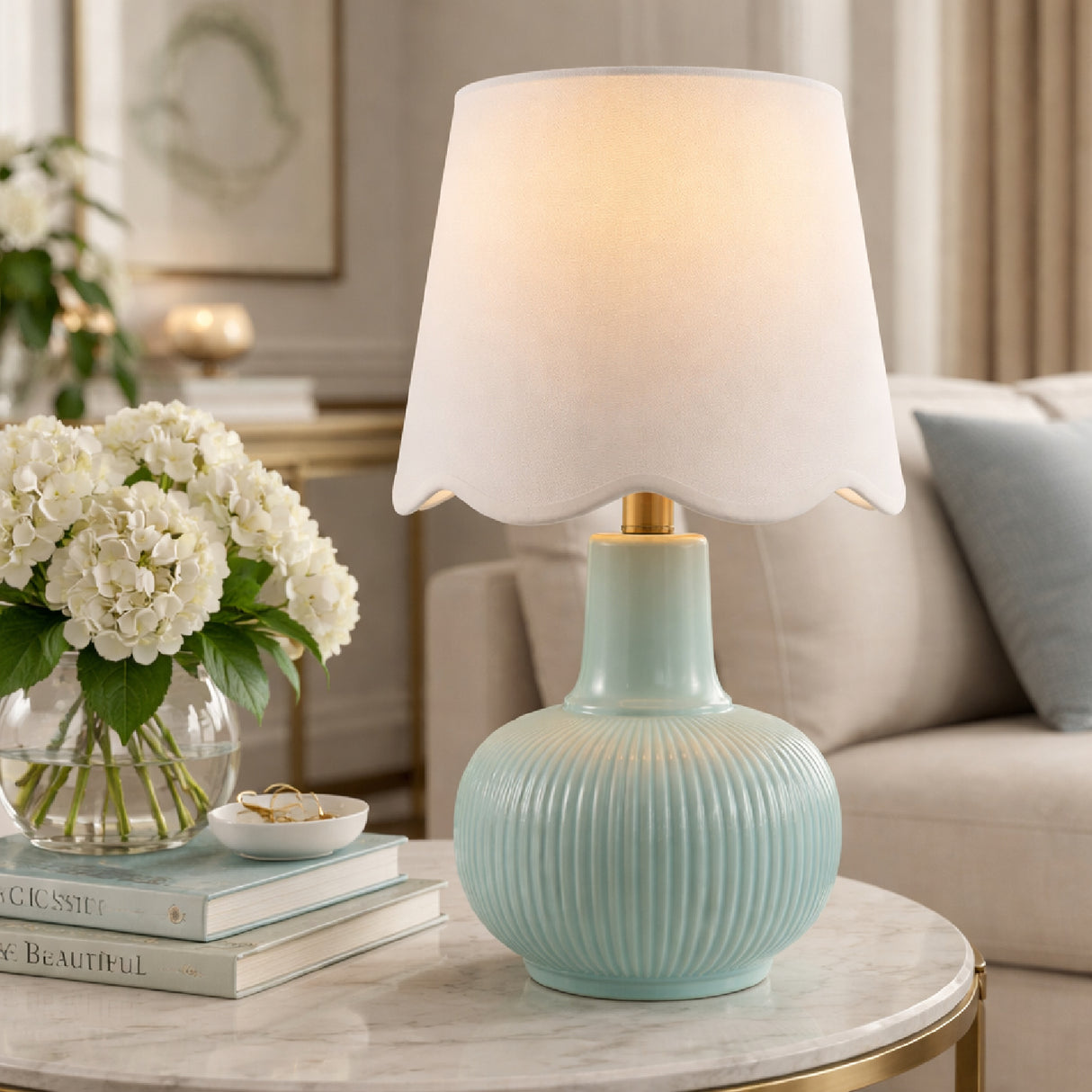 Modern European furniture - Scalloped White Linen Table Lamp - www.oroa.com