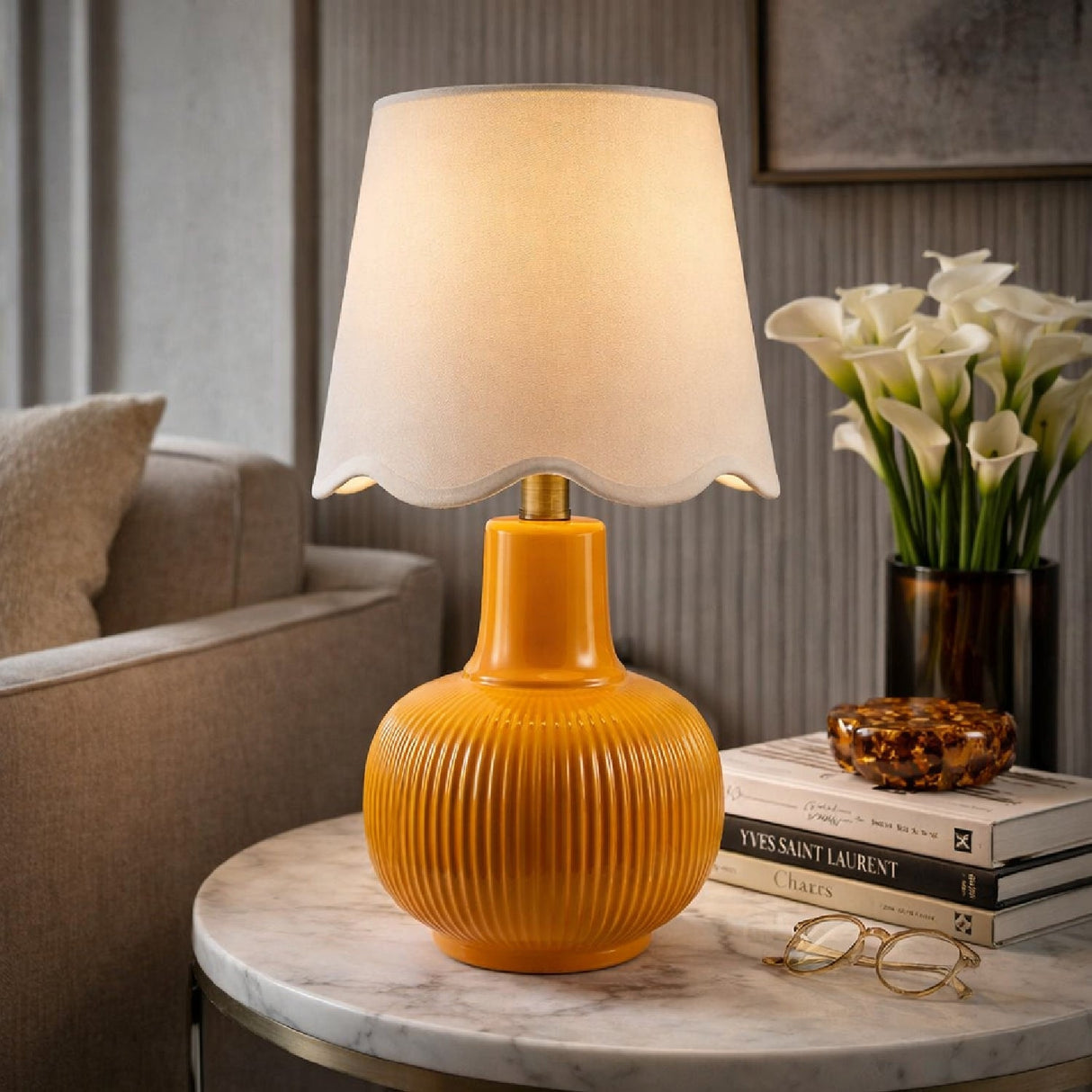 Modern European furniture - Scalloped White Linen Table Lamp - www.oroa.com