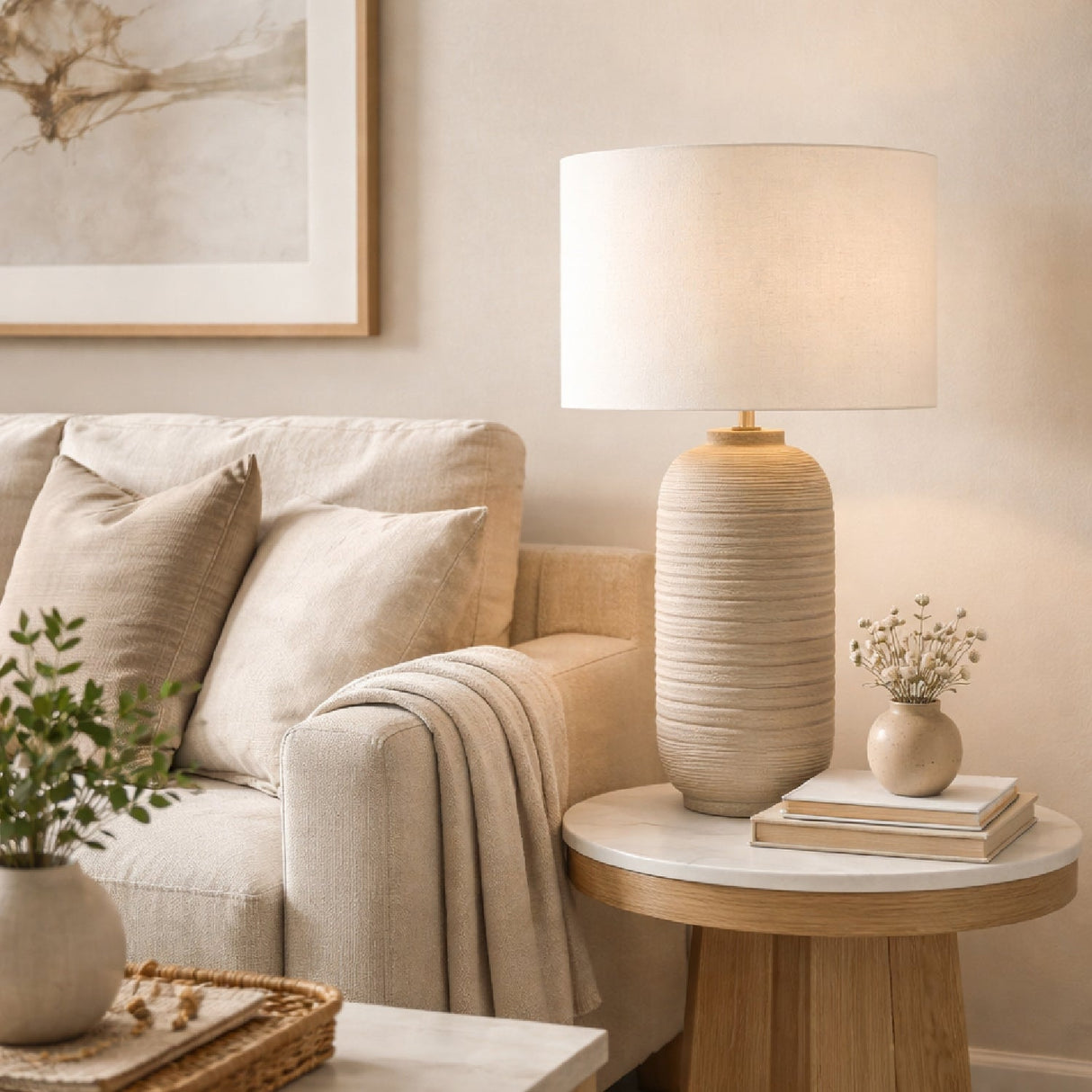 Modern European furniture - Beige Linen Ceramic Table Lamp - www.oroa.com