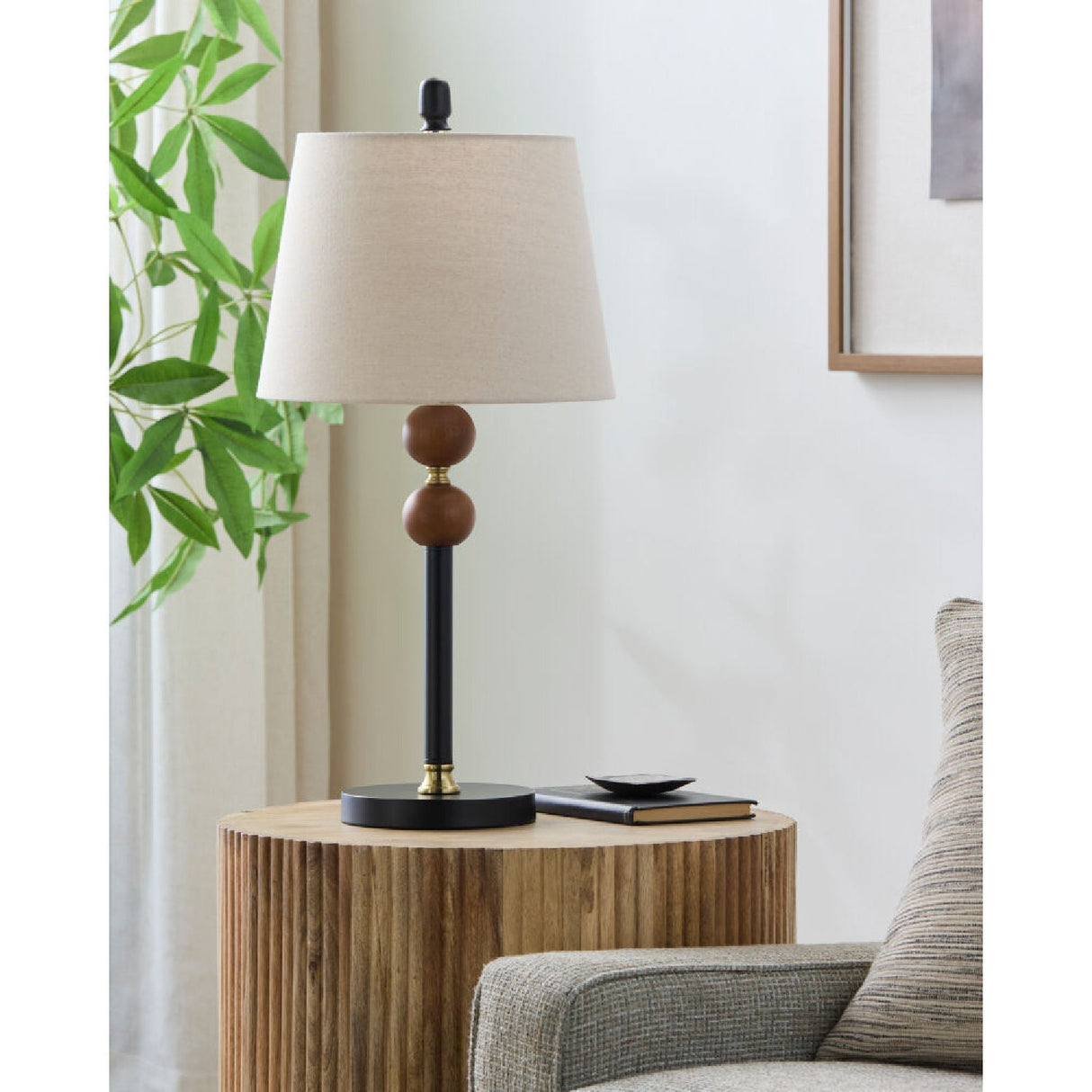 Modern European furniture - Beige Linen Rubberwood Table Lamp - www.oroa.com