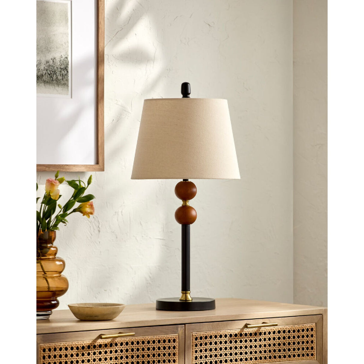 Modern European furniture - Beige Linen Rubberwood Table Lamp - www.oroa.com
