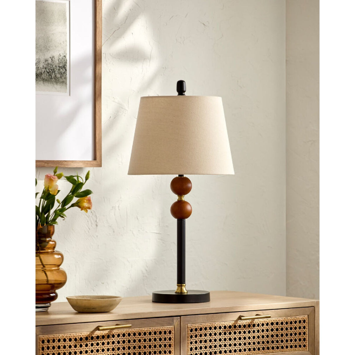 Modern European furniture - Beige Linen Rubberwood Table Lamp - www.oroa.com