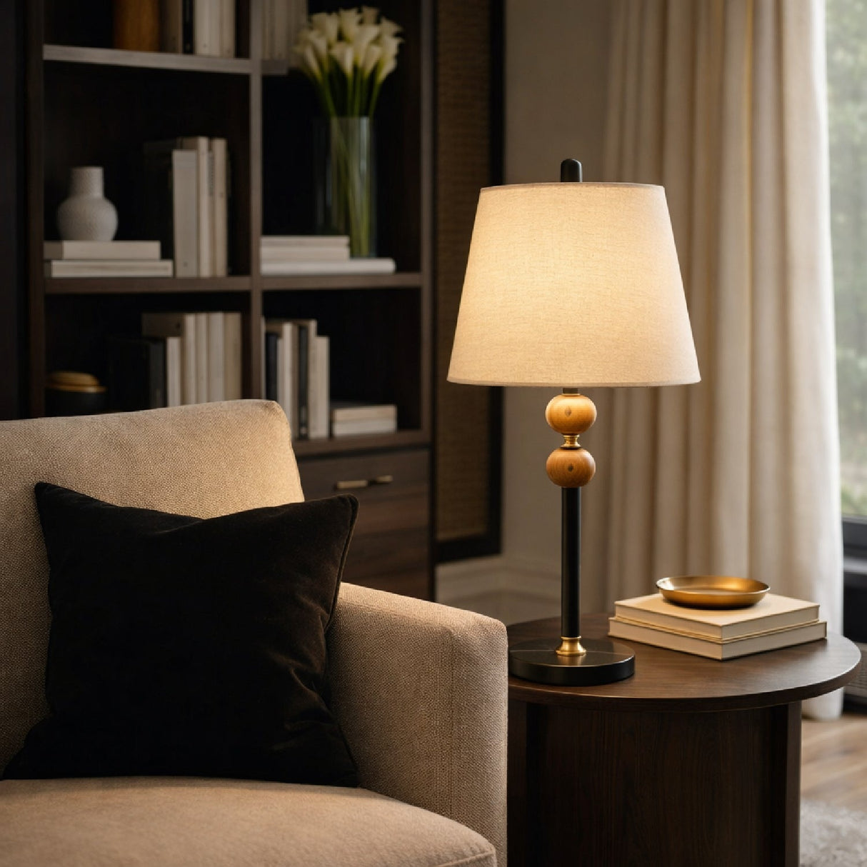 Modern European furniture - Beige Linen Rubberwood Table Lamp - www.oroa.com