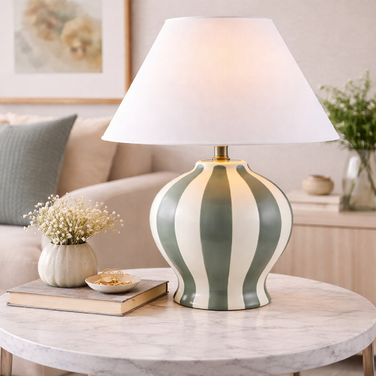 Modern European furniture - Lined Round Ceramic Table Lamp - www.oroa.com