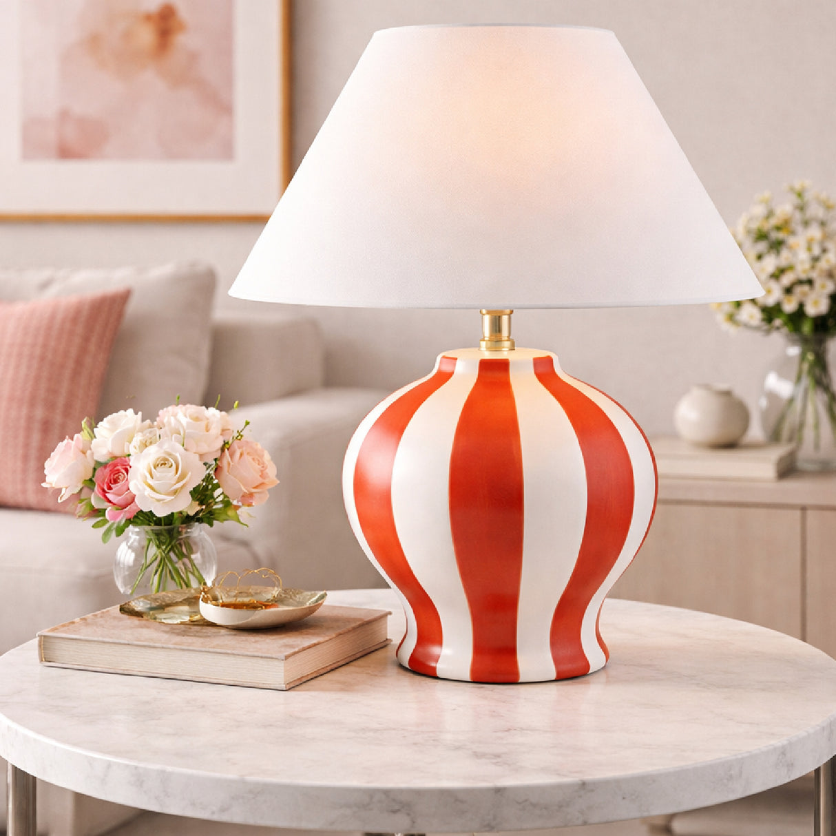 Modern European furniture - Lined Round Ceramic Table Lamp - www.oroa.com