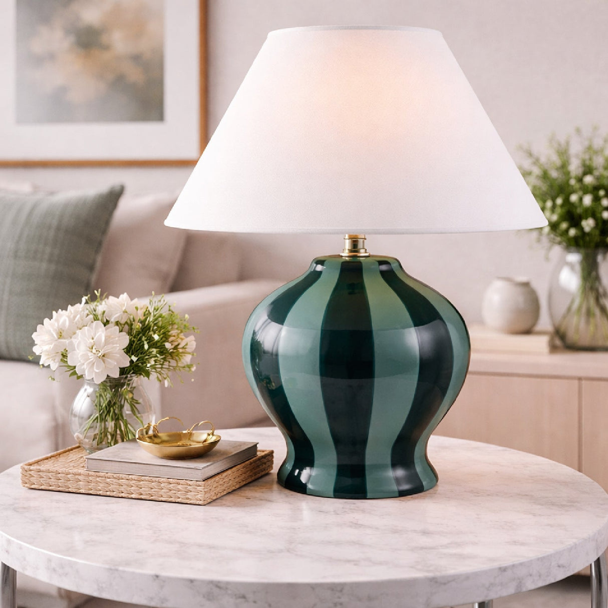 Modern European furniture - Lined Round Ceramic Table Lamp - www.oroa.com