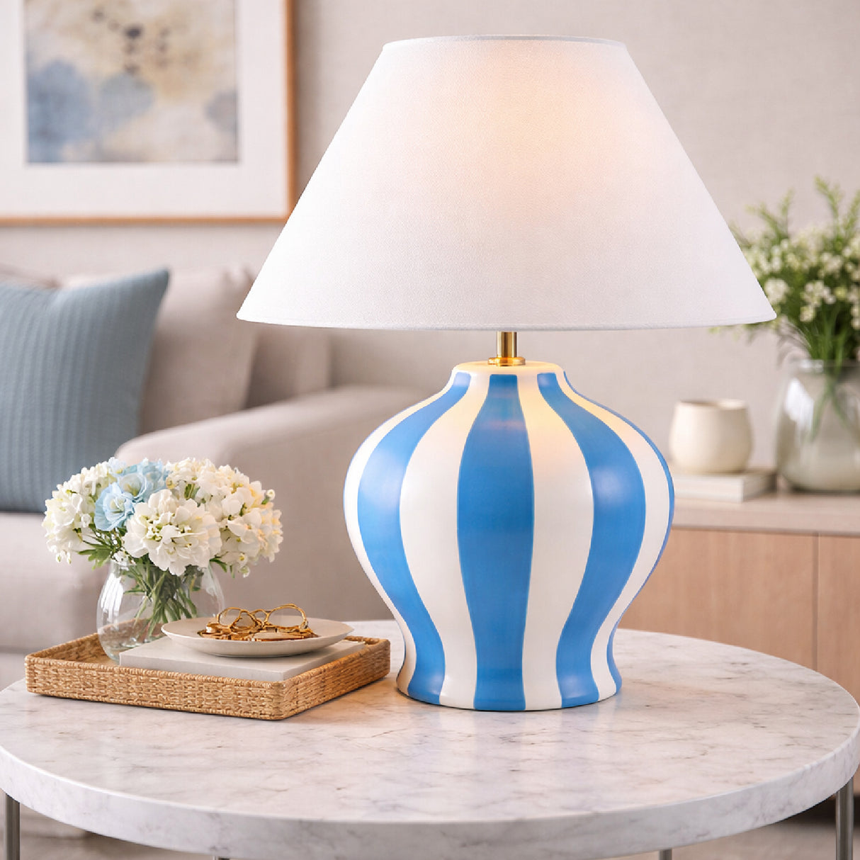 Modern European furniture - Lined Round Ceramic Table Lamp - www.oroa.com