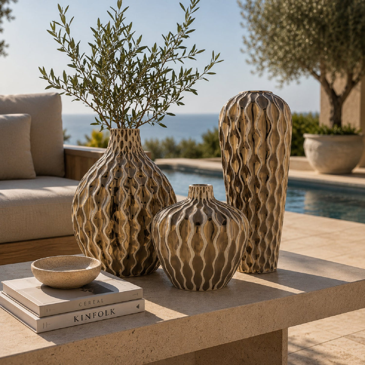 Modern European furniture - Gold Ceramic Outdoor Vase Set (3) - www.oroa.com