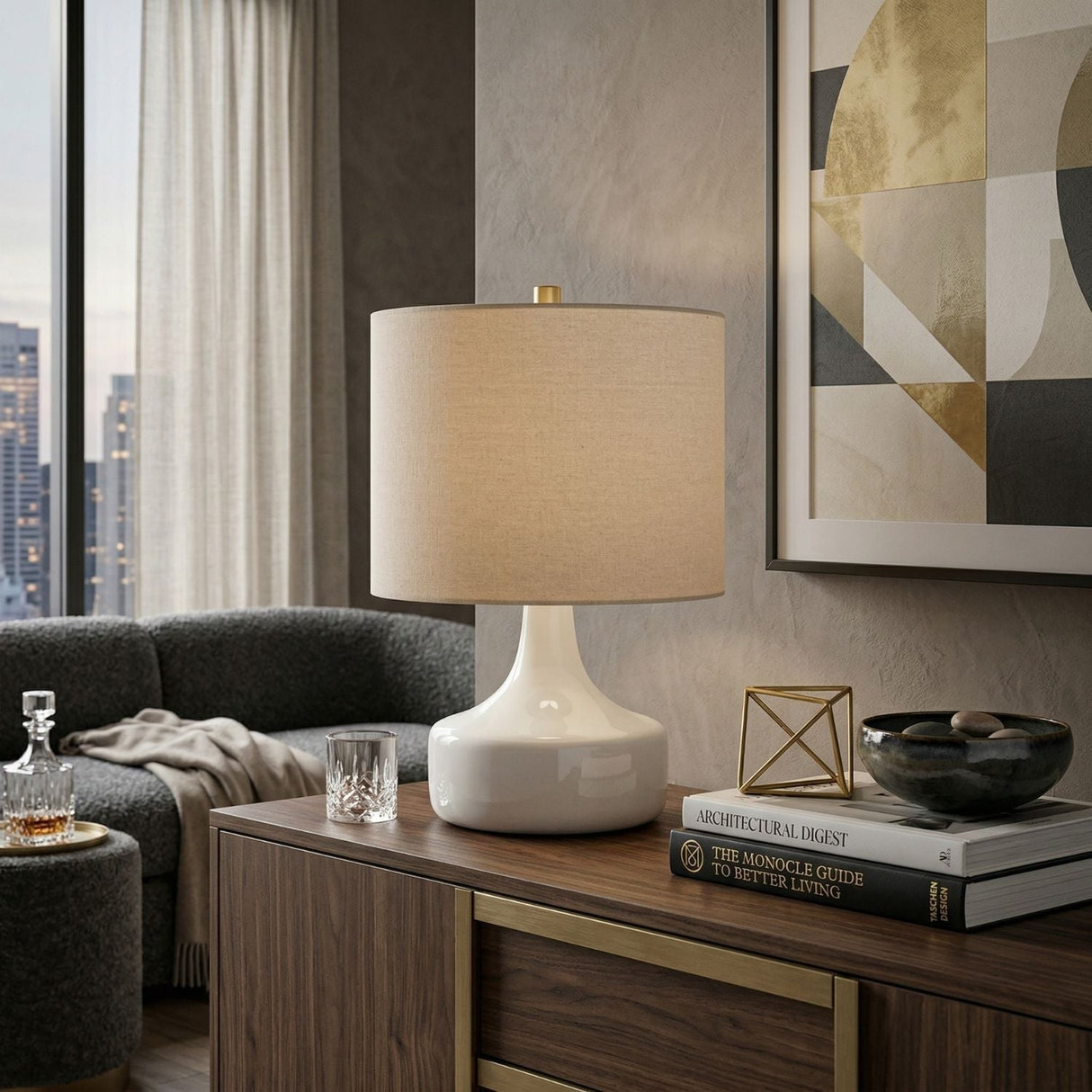 Modern European furniture - Drum Linen Ceramic Table Lamp - www.oroa.com