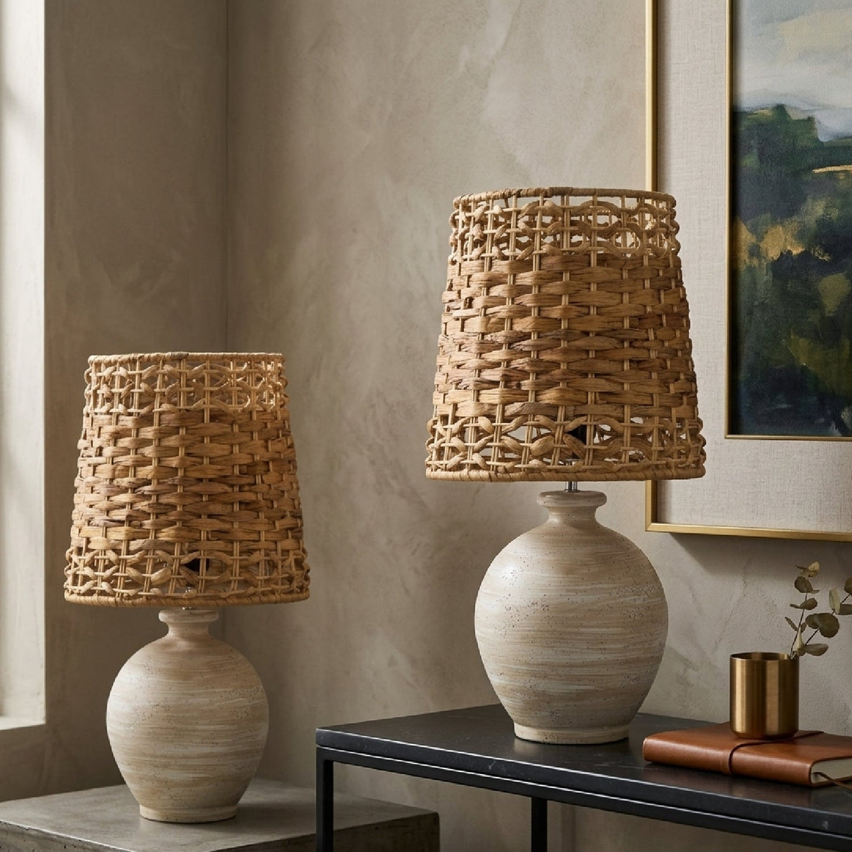 Modern European furniture - Cement Woven Seagrass Table Lamps (2) - www.oroa.com