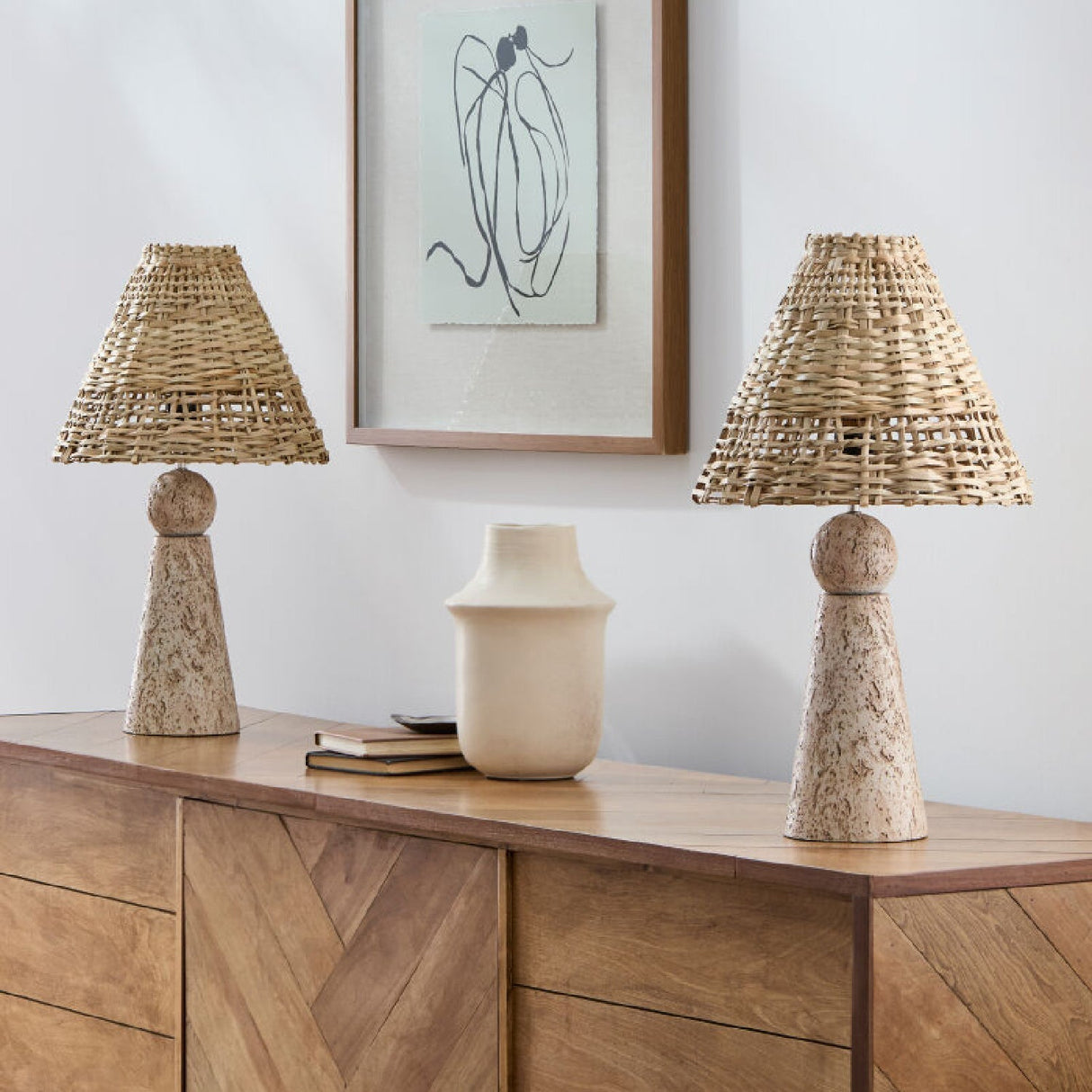 Modern European furniture - Travertine Base Rattan Table Lamps (2) - www.oroa.com