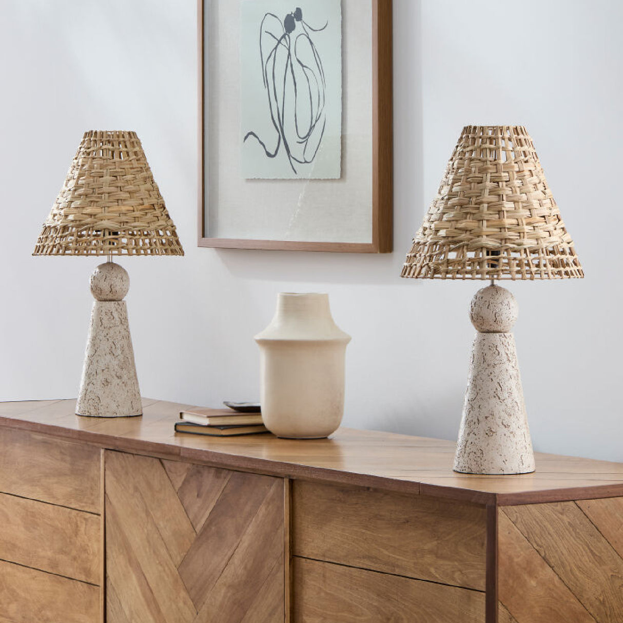 Modern European furniture - Travertine Base Rattan Table Lamps (2) - www.oroa.com