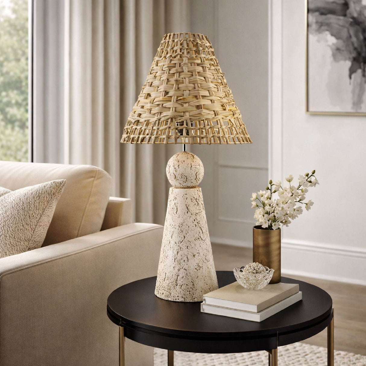 Modern European furniture - Travertine Base Rattan Table Lamps (2) - www.oroa.com