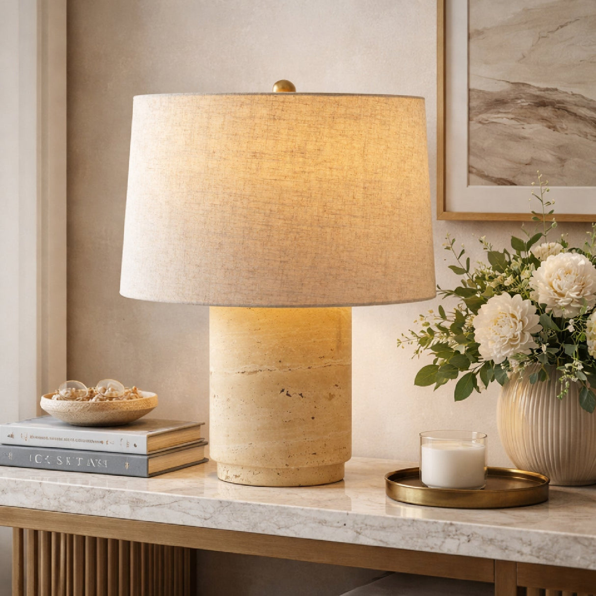 Modern European furniture - Travertine Base Accent Table Lamp - www.oroa.com
