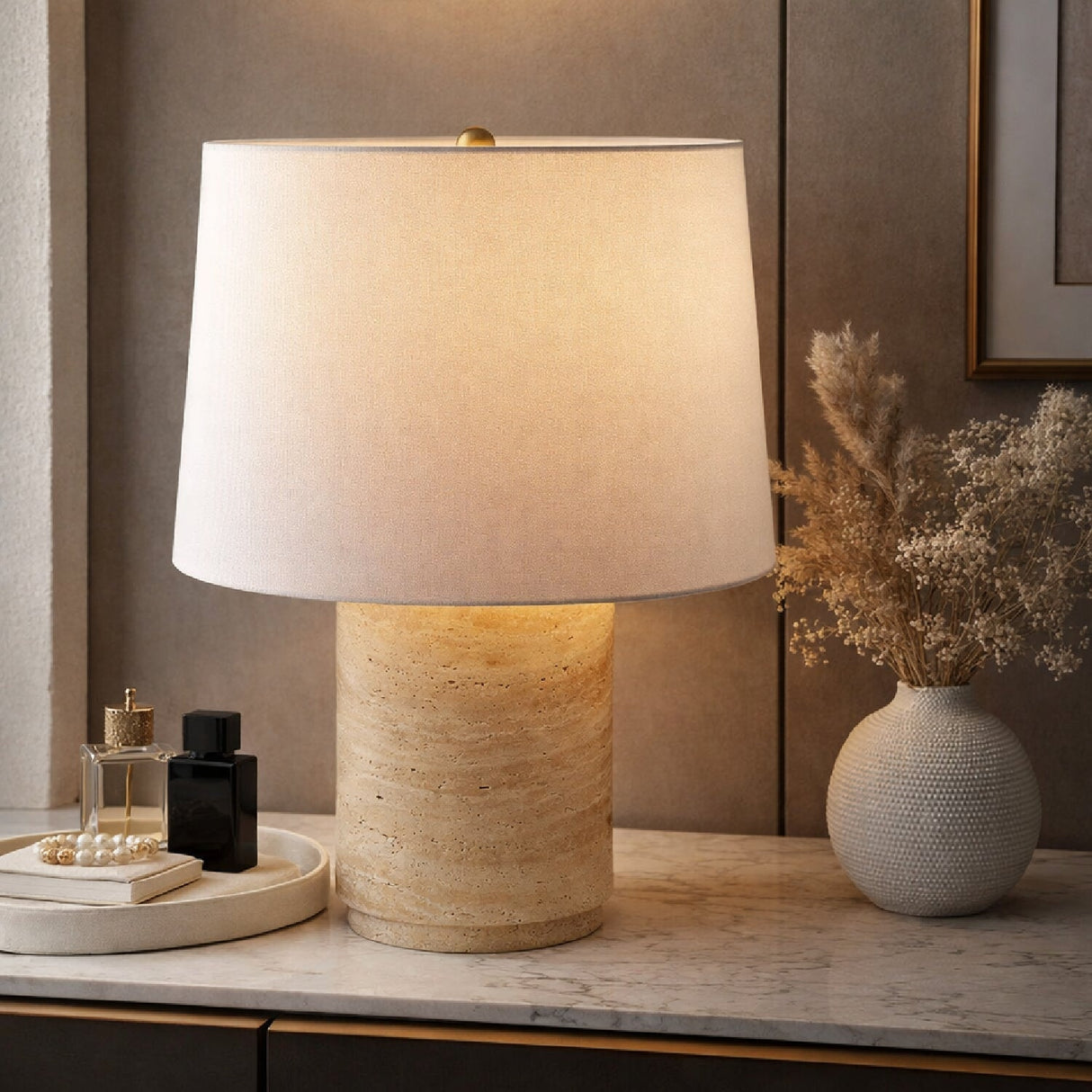 Modern European furniture - Travertine Base Accent Table Lamp - www.oroa.com