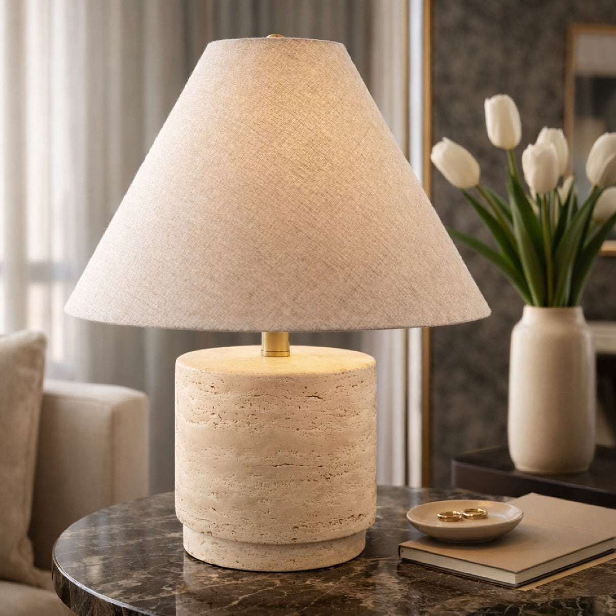 Modern European furniture - Travertine Base Accent Table Lamp - www.oroa.com