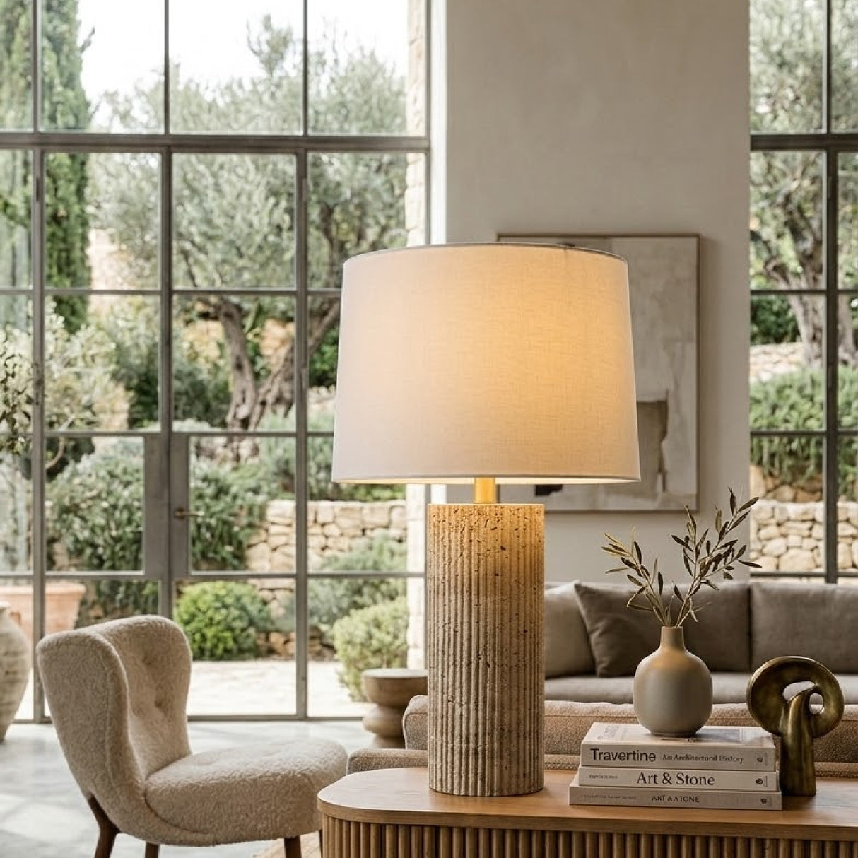 Reeded Travertine Accent Table Lamp | Oroa.com