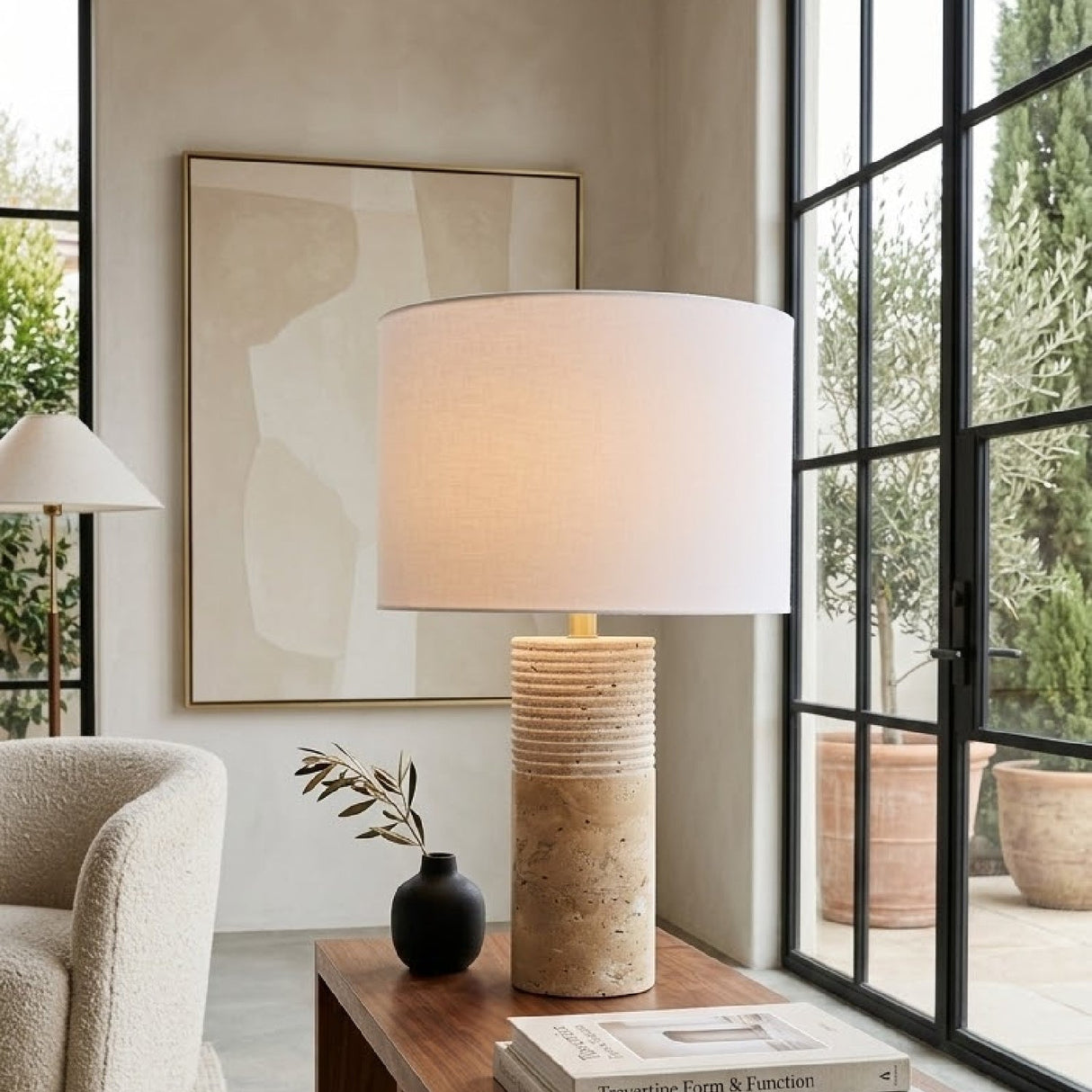 Modern European furniture - Cylindrical Travertine Accent Table Lamp - www.oroa.com