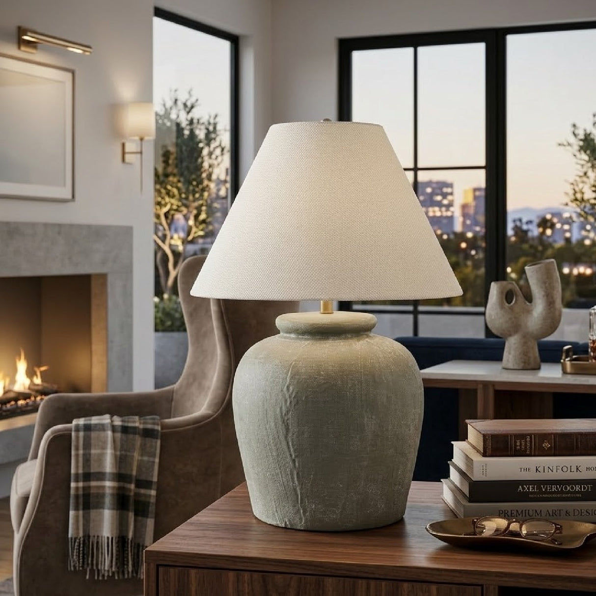 Modern European furniture - Linen Shade Cement Table Lamp - www.oroa.com