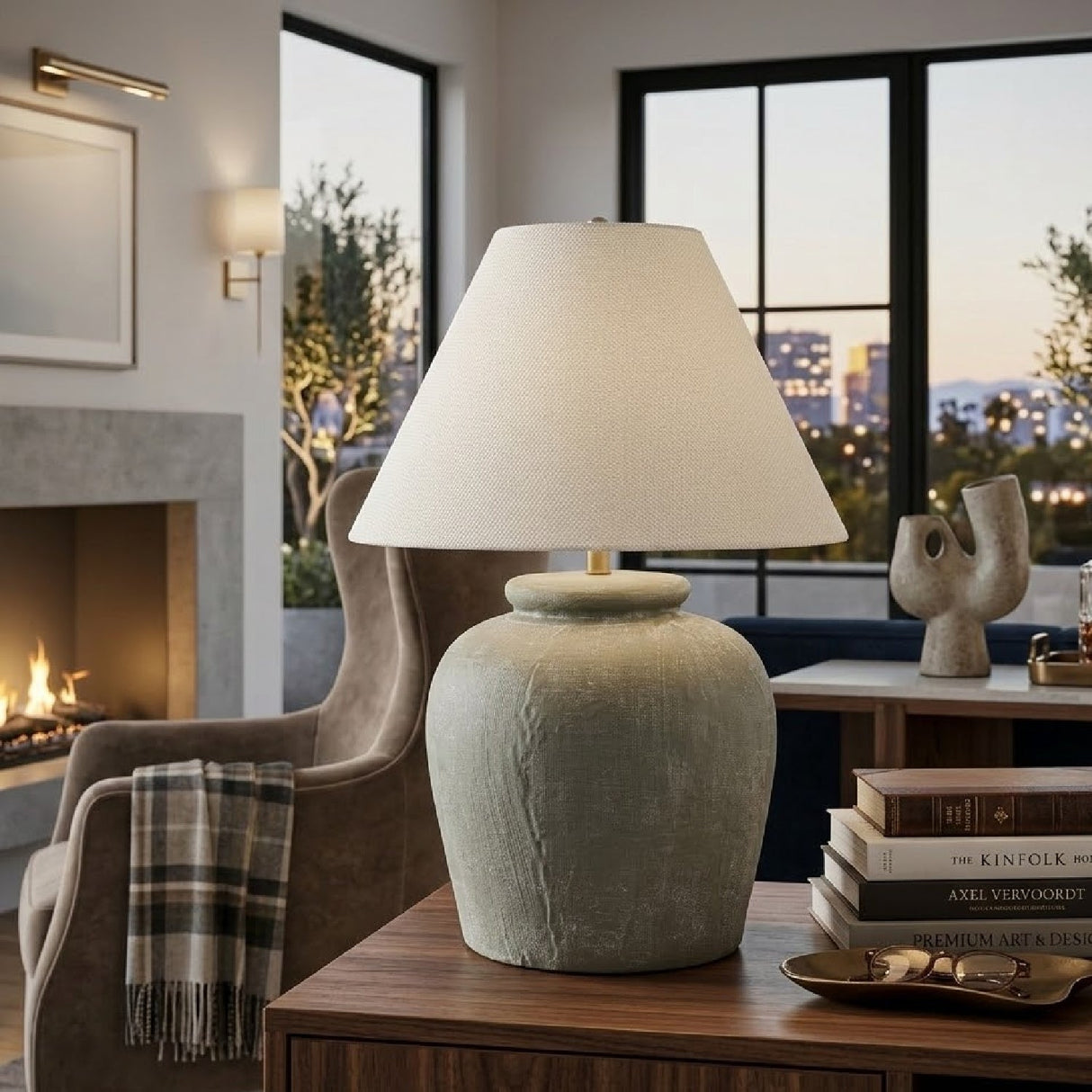 Modern European furniture - Linen Shade Cement Table Lamp - www.oroa.com