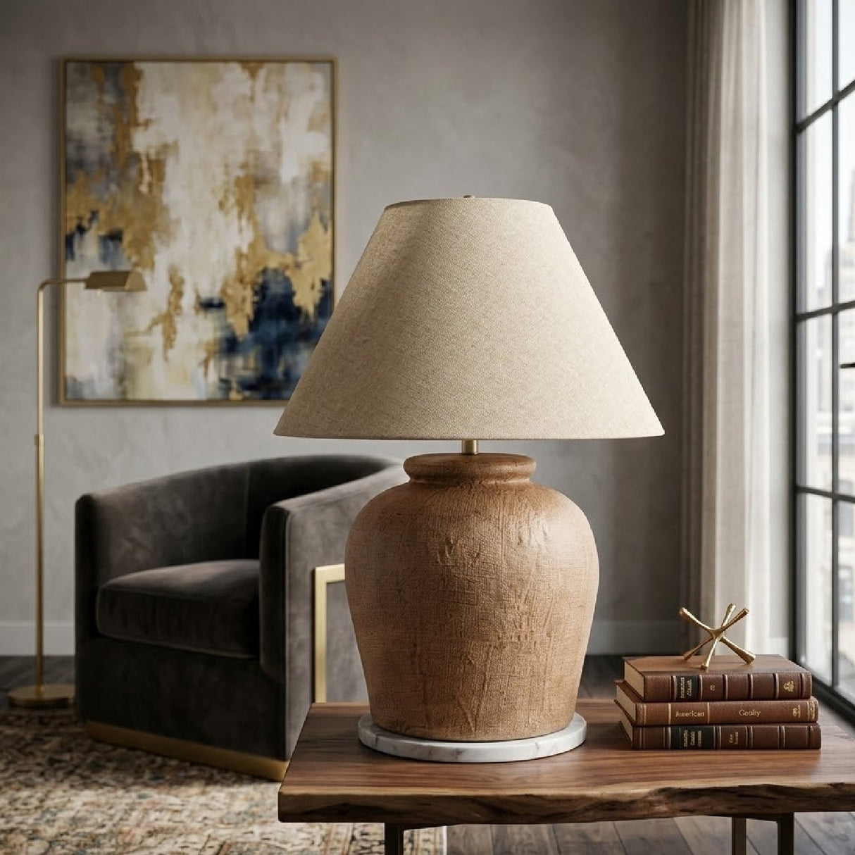 Modern European furniture - Linen Shade Cement Table Lamp - www.oroa.com