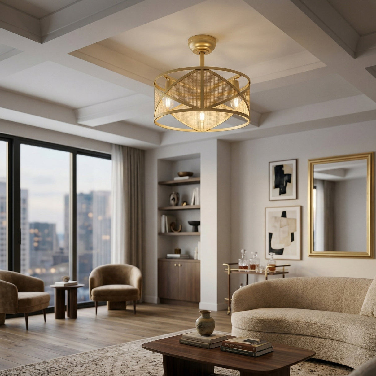 Modern European furniture - Gold Framed Rattan Chandelier - www.oroa.com
