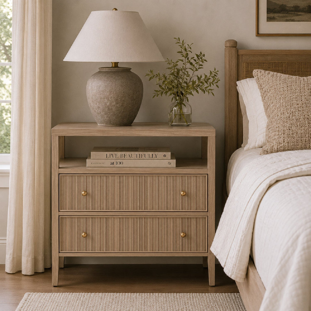 2-Drawer Oak Nightstand L | Living Essentials Highland – angled view
