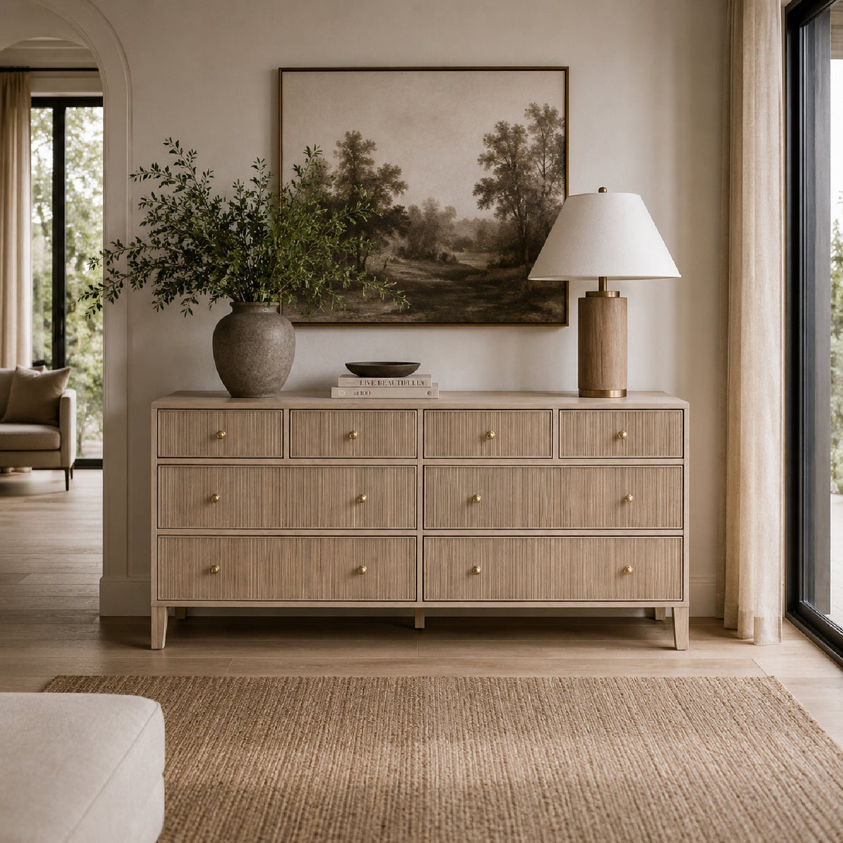8-Drawer Oak Double Dresser | Living Essentials Highland – angled view