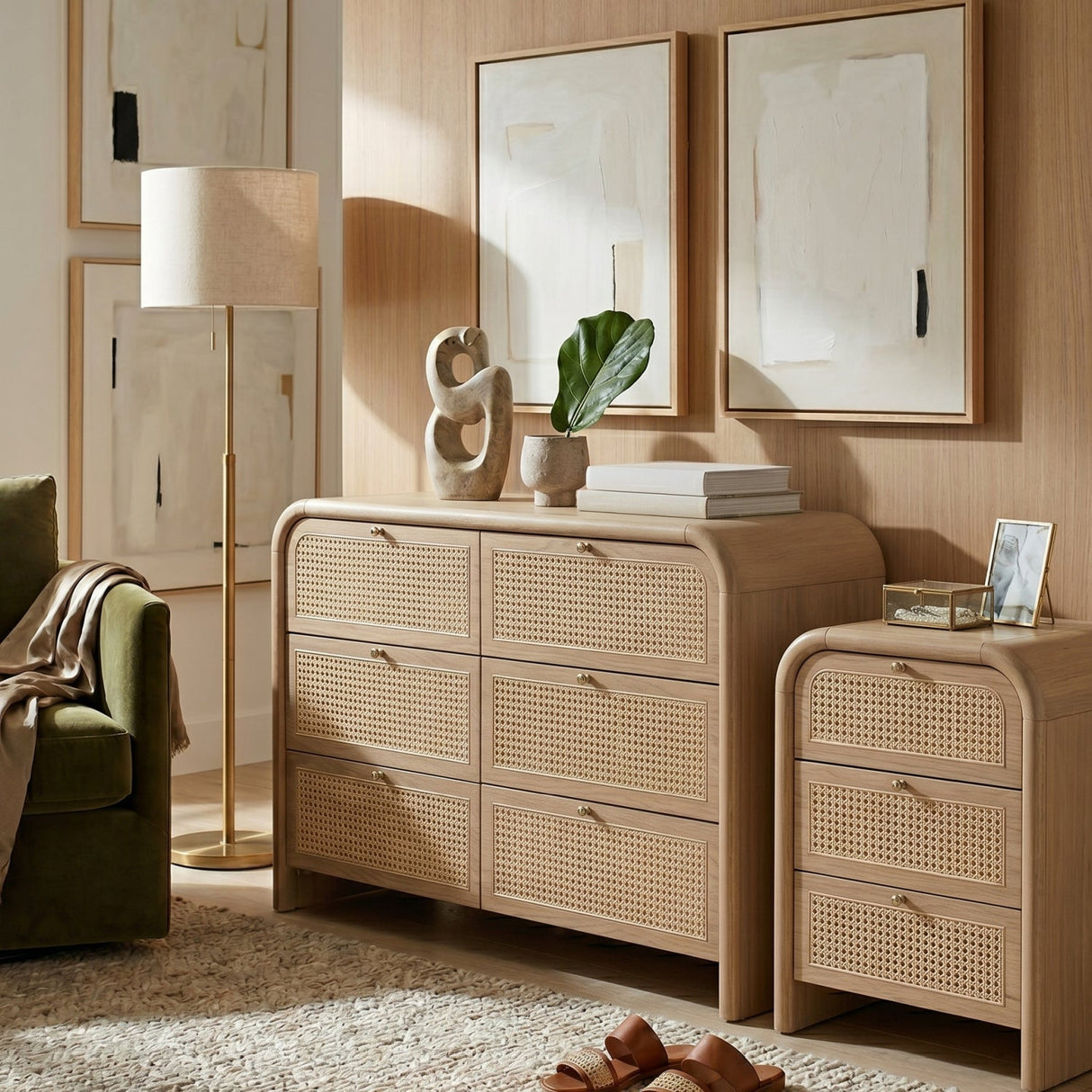 Modern European furniture - Oak Framed Cane 3-Drawer Nightstand - www.oroa.com