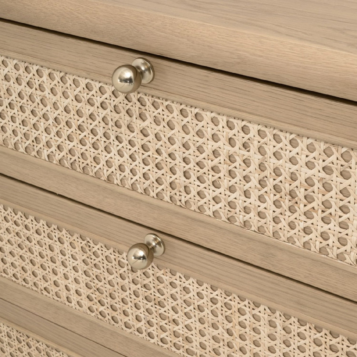 Oak Framed Cane 3-Drawer Nightstand | Living Essentials Cannes