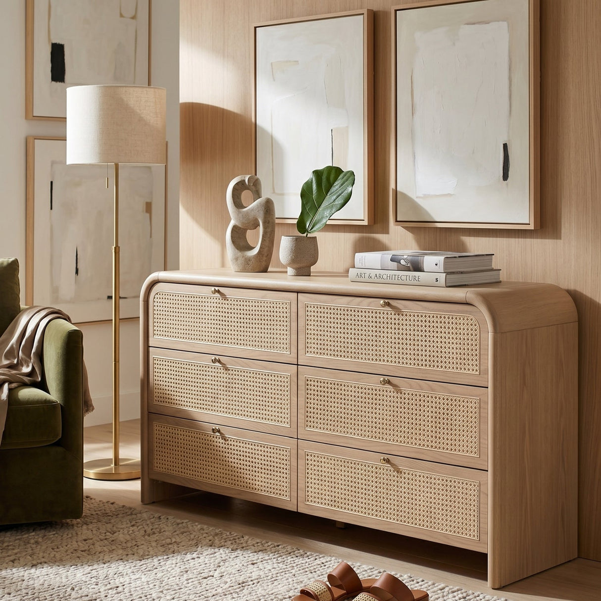 Modern European furniture - Oak Framed Cane 6-Drawer Dresser - www.oroa.com