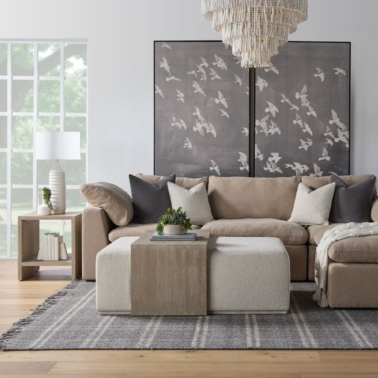 Acacia Upholstered Coffee Table | Living Essentials Dovetail – angled view