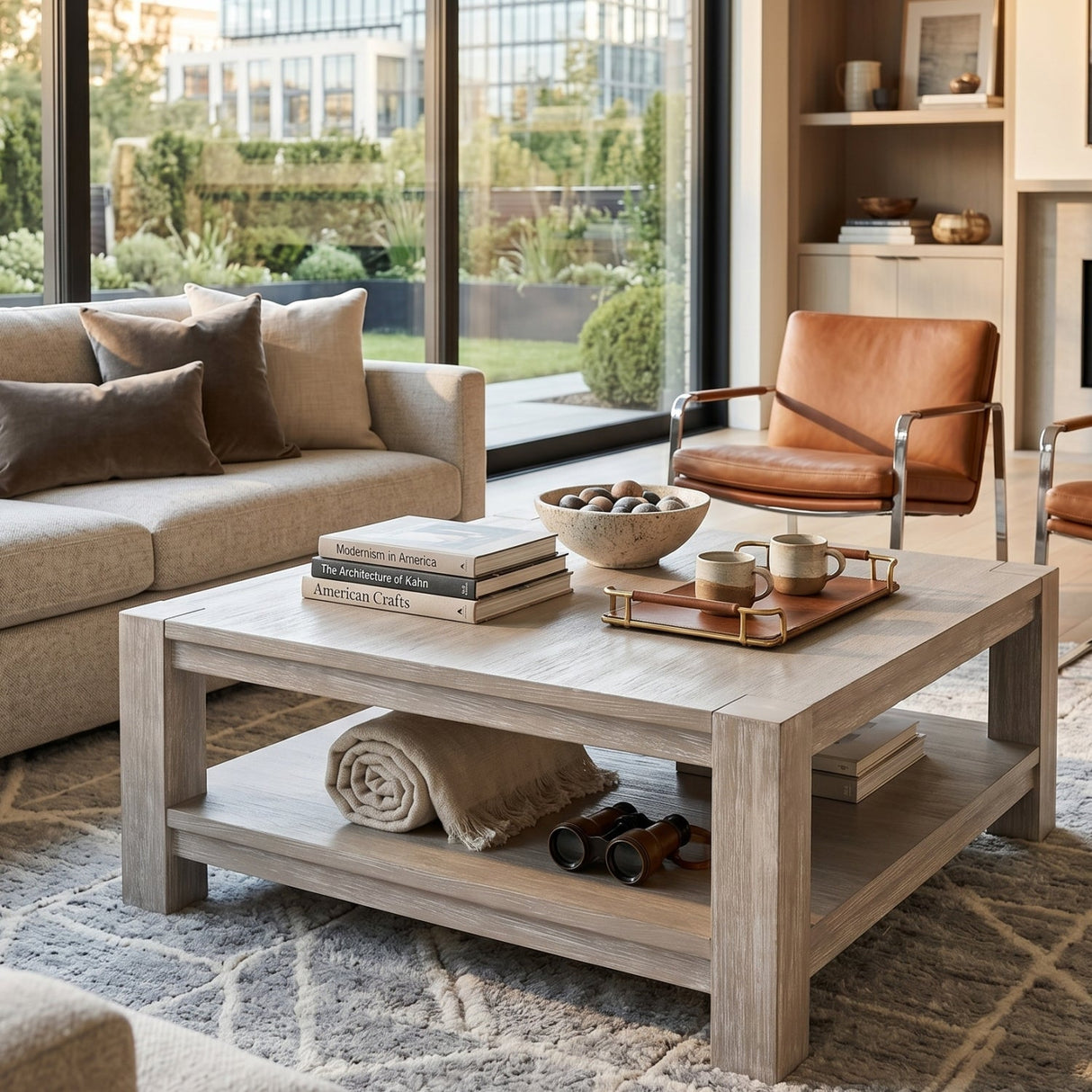 Gray Acacia Wooden Coffee Table | Living Essentials Adler – angled view