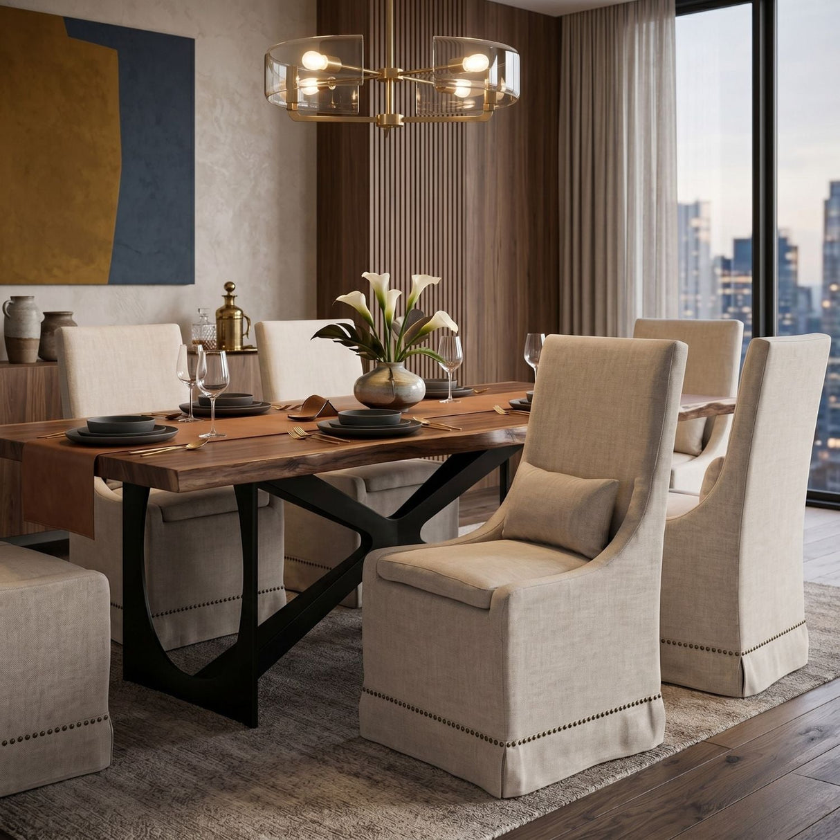 Modern European furniture - Cream Linen Skirted Dining Chairs (2) - www.oroa.com