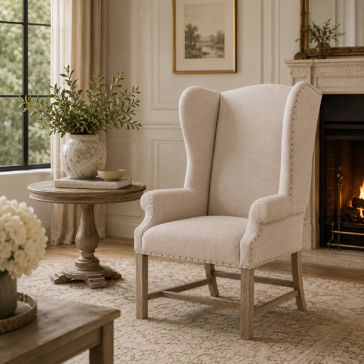 French Linen Wingback Accent Chair | Living Essentials Chateau – angled view