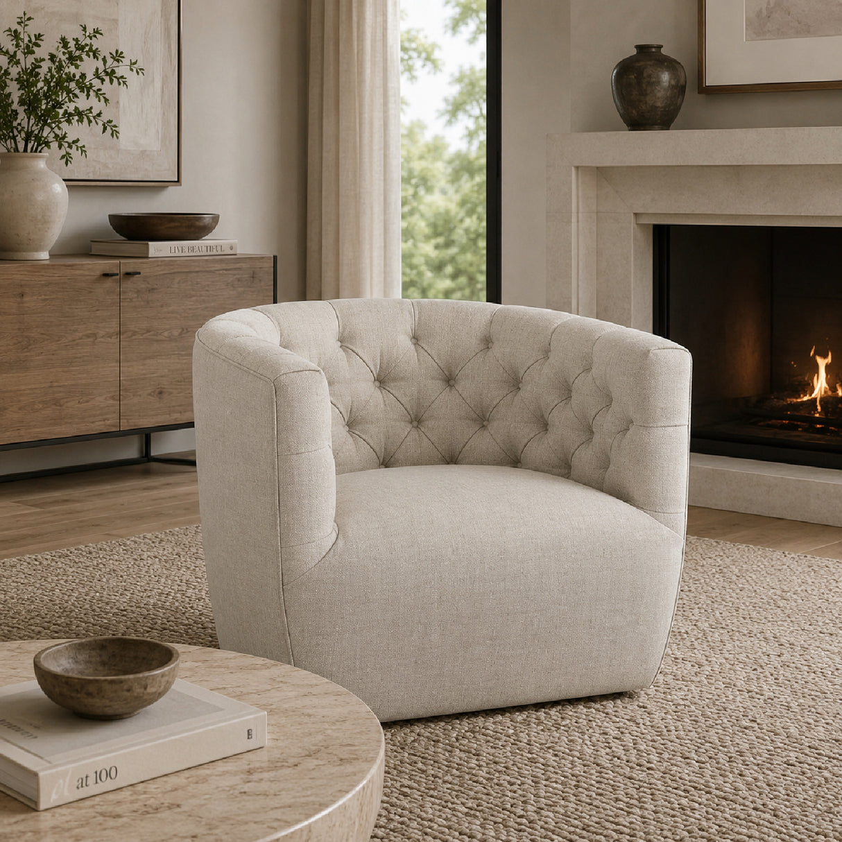 Tufted Back Swivel Club Chair | Living Essentials Marcel – angled view