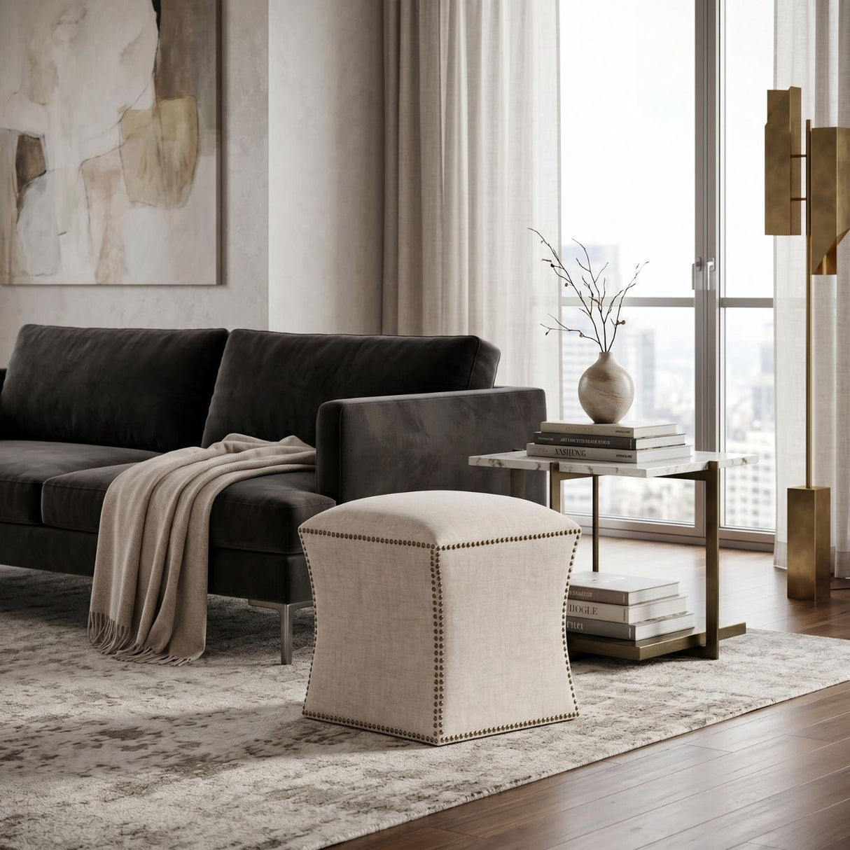 Modern European furniture - Nailhead Trimmed Linen Ottoman - www.oroa.com