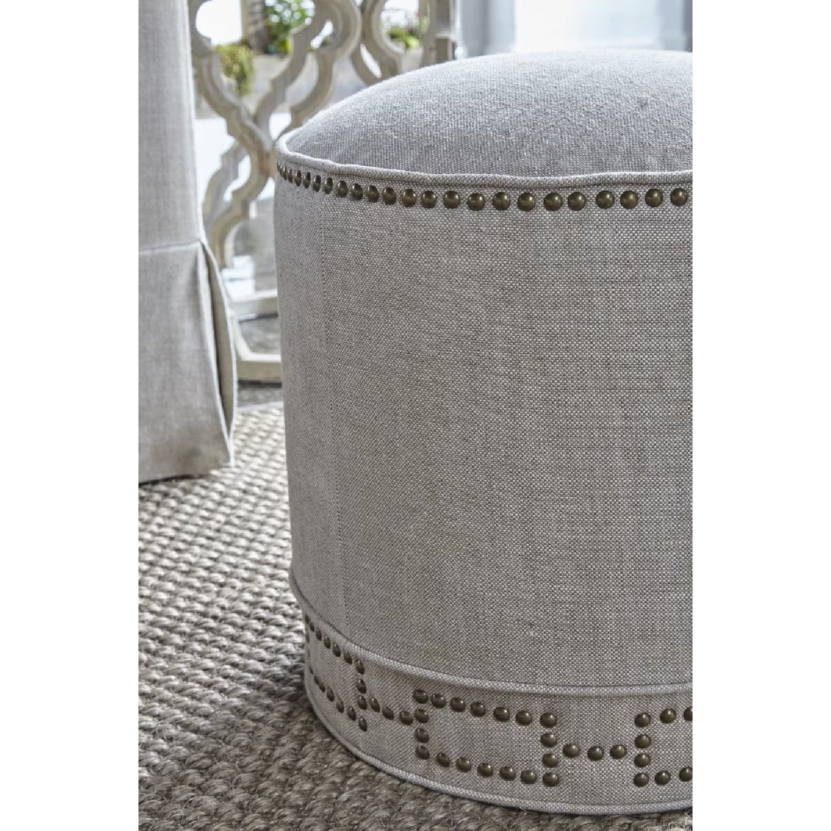 Cylindrical French Linen Ottoman | Living Essentials Marlow – rear view