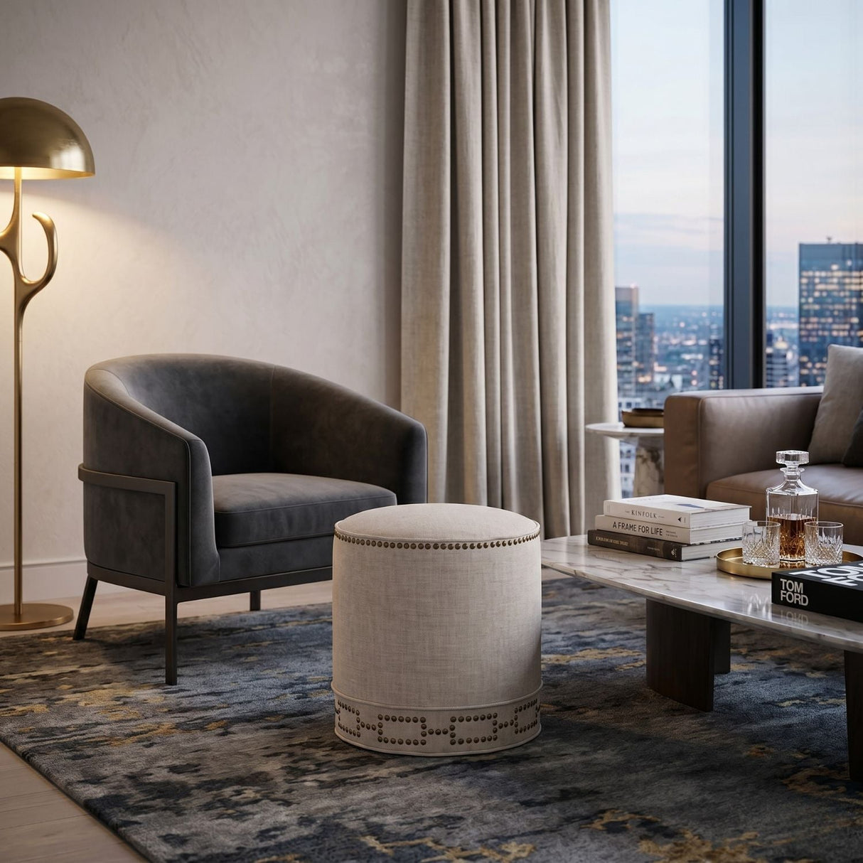 Modern European furniture - Cylindrical French Linen Ottoman - www.oroa.com