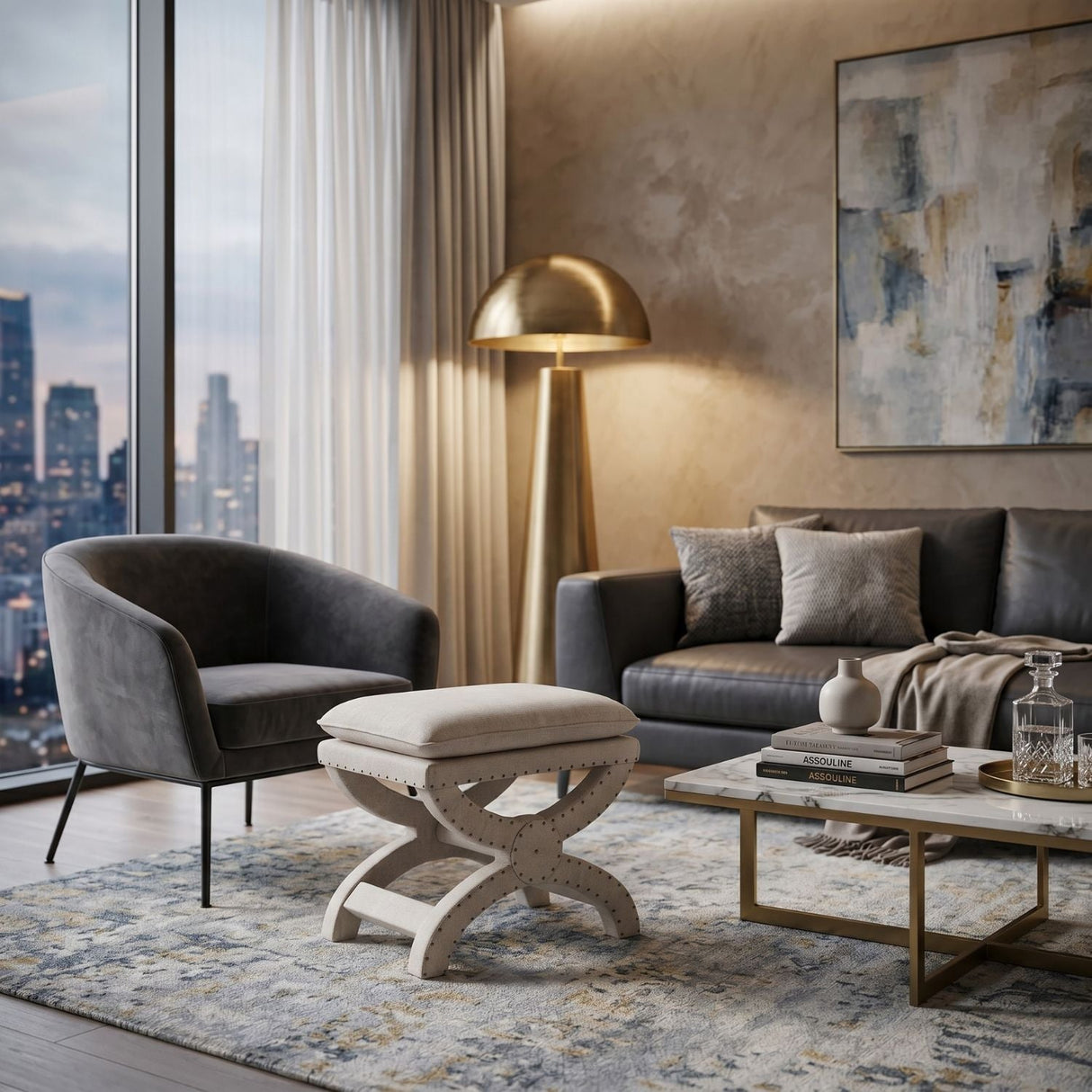 Modern European furniture - Beige French Linen Ottoman - www.oroa.com
