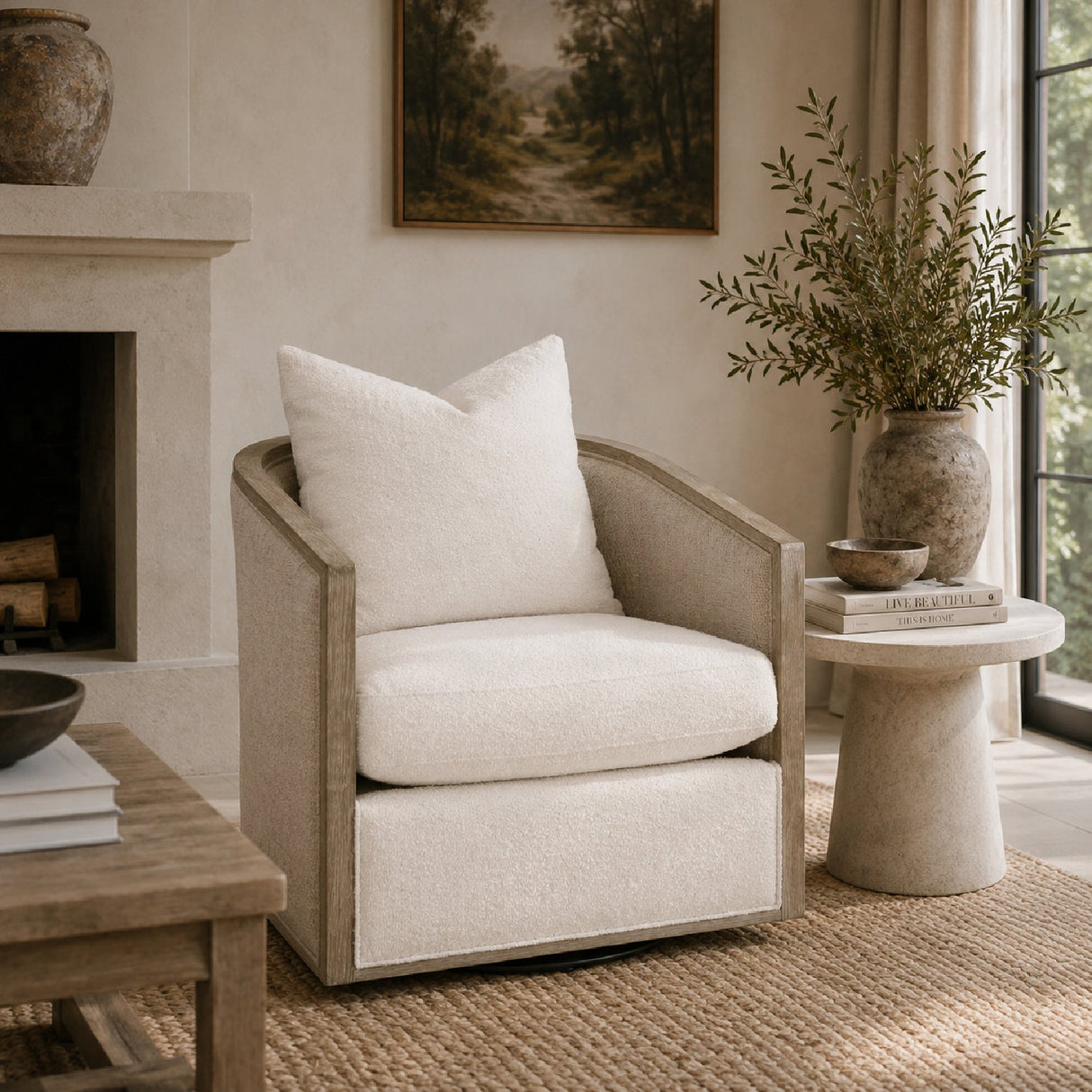 Curved Oak Swivel Club Chair | Living Essentials McGuire – angled view