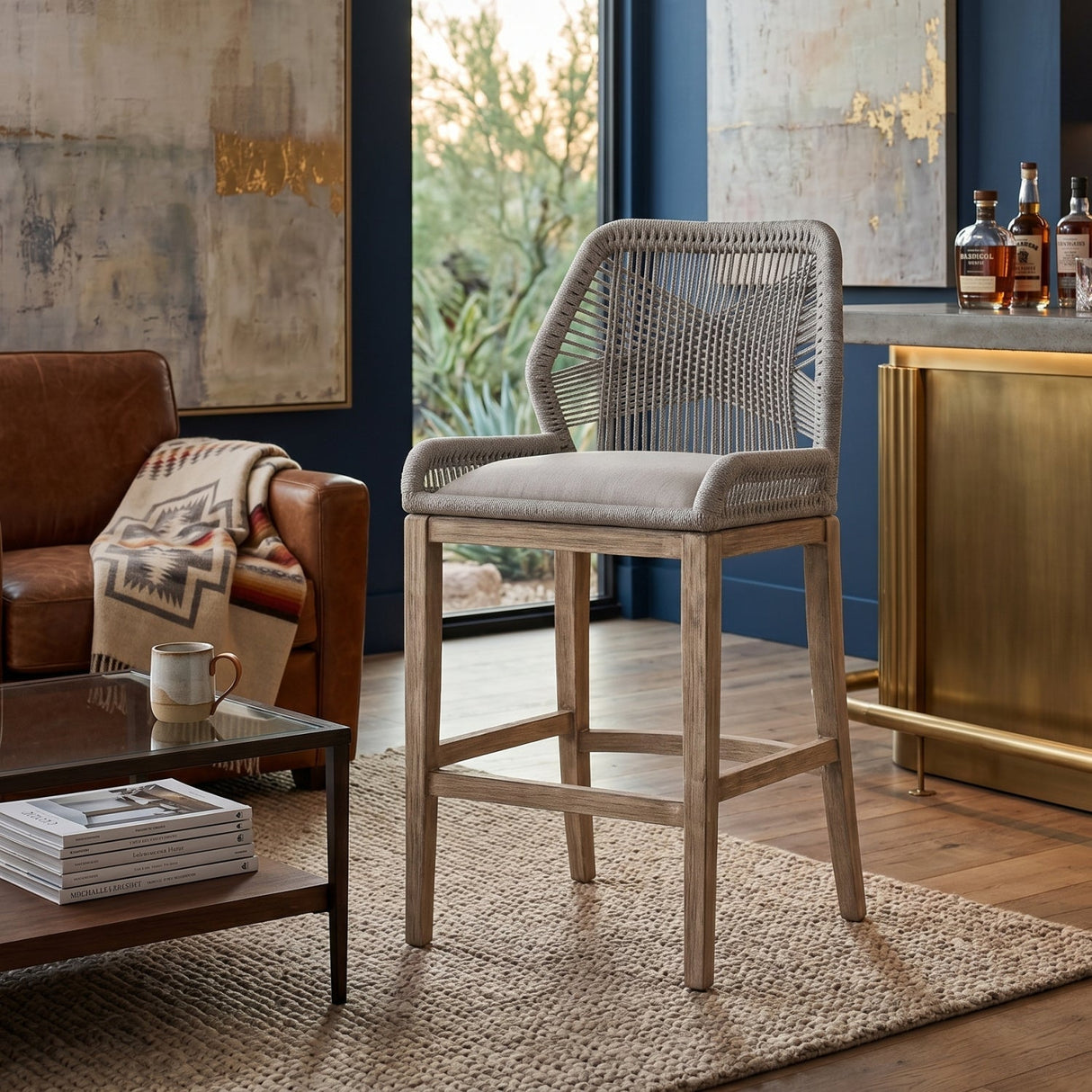 Modern European furniture - Woven Flat Rope Bar Stool - www.oroa.com