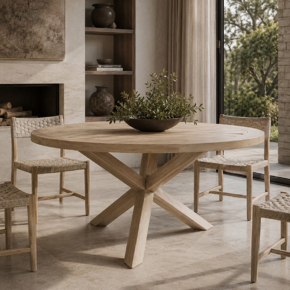 Round Teak Outdoor Dining Table | Living Essentials Boca – angled view
