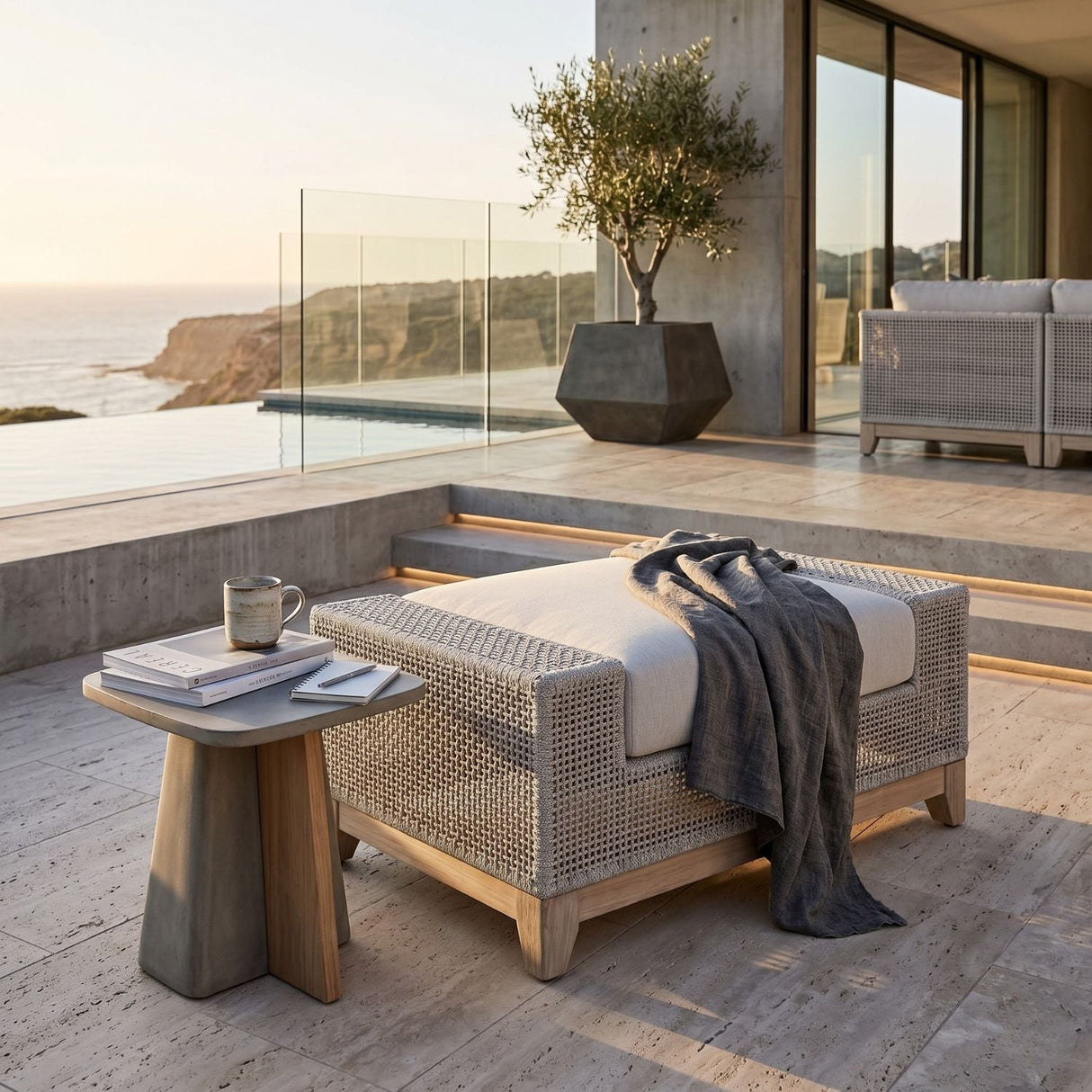 Modern European furniture - Beige Woven Rope Outdoor Ottoman - www.oroa.com
