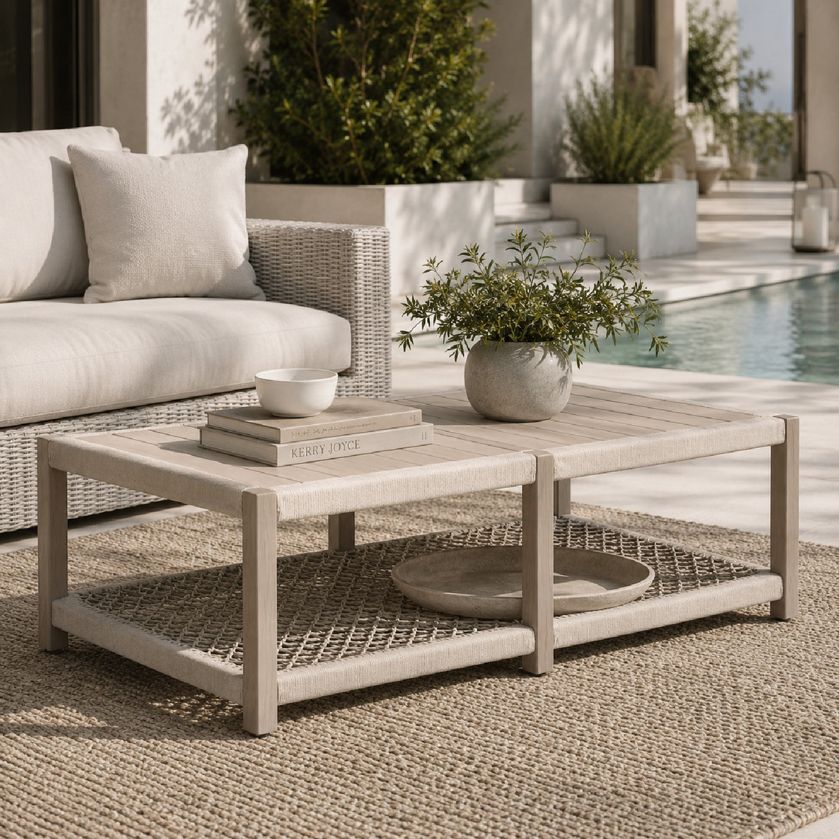 Slatted Teak Outdoor Coffee Table | Living Essentials Wrap – angled view